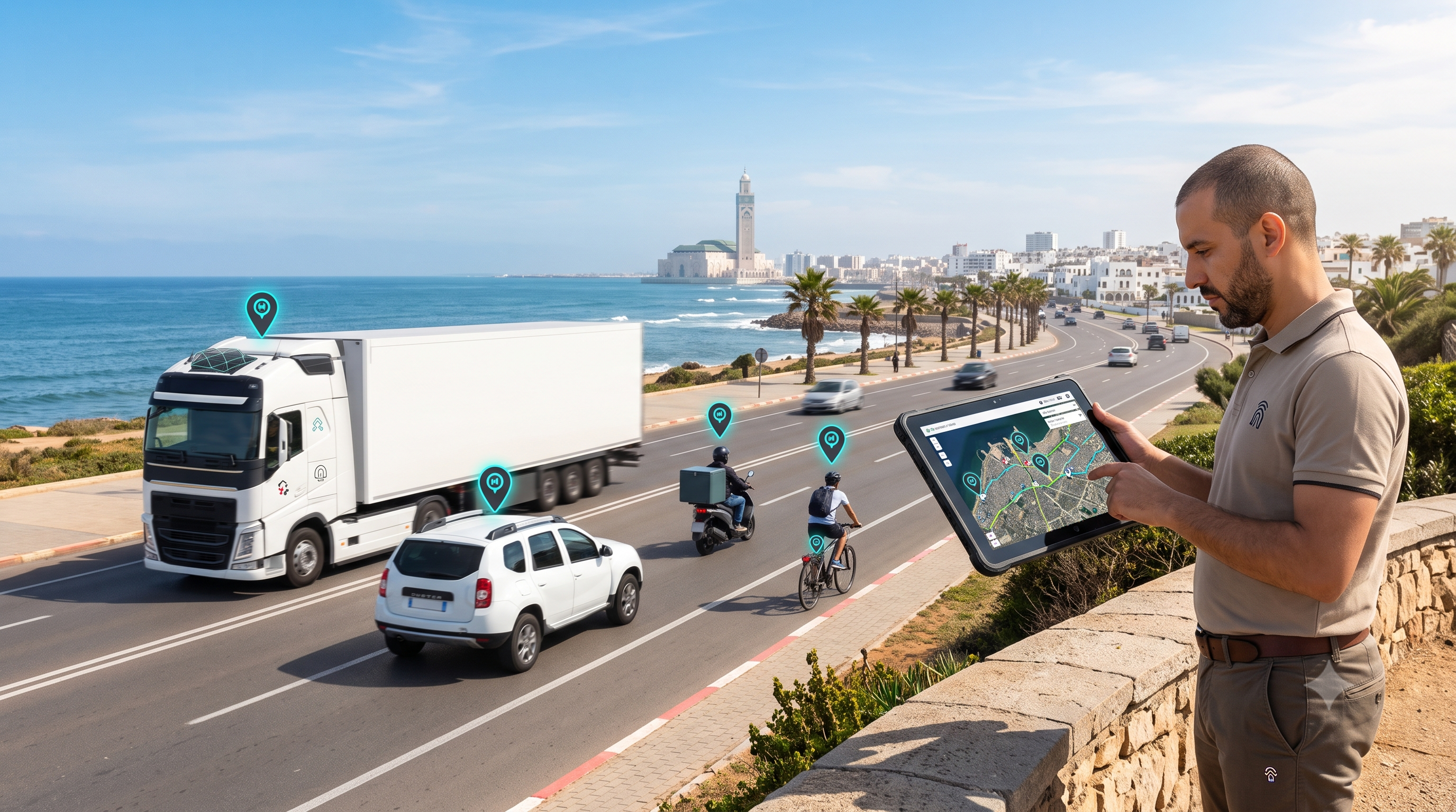 Flotte de camions sur autoroute suivie par GEOCOM MAROC